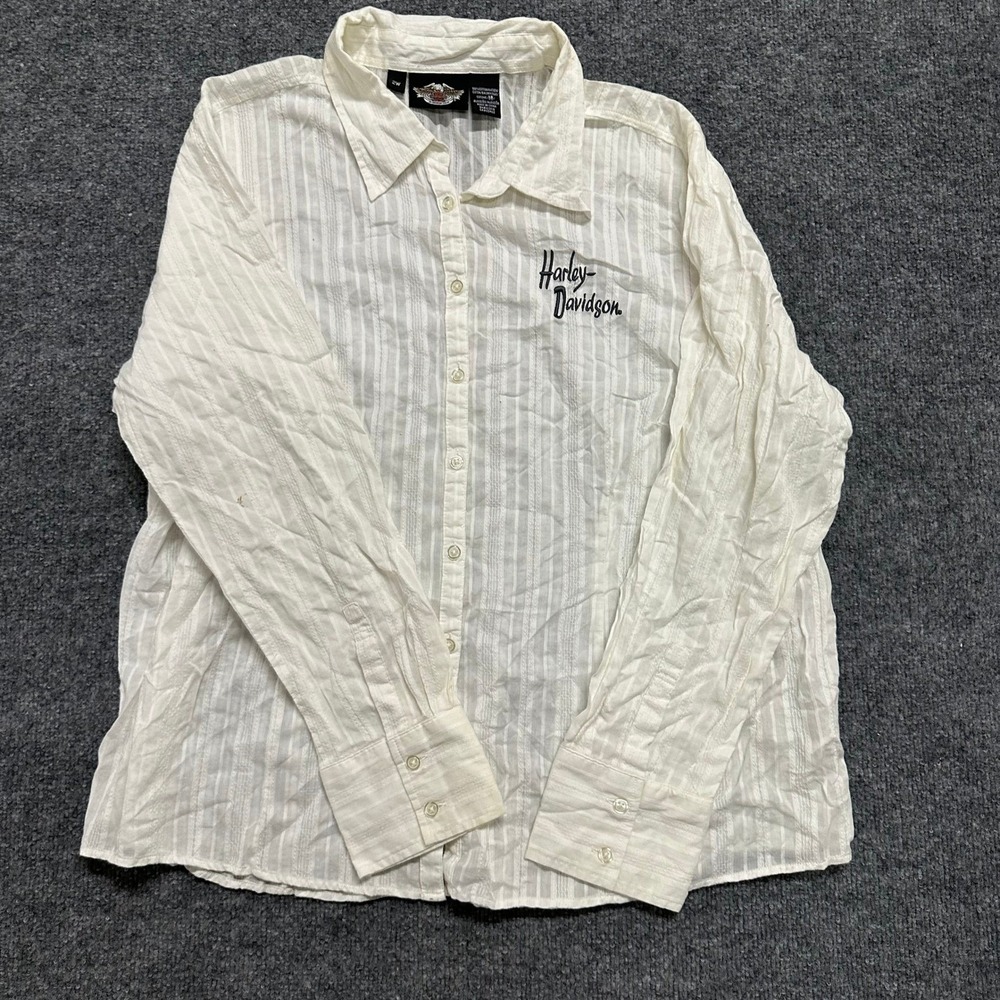Harley-Davidson Button Up Womens Size 2W White Cotton Striped Long Sleeve Logo